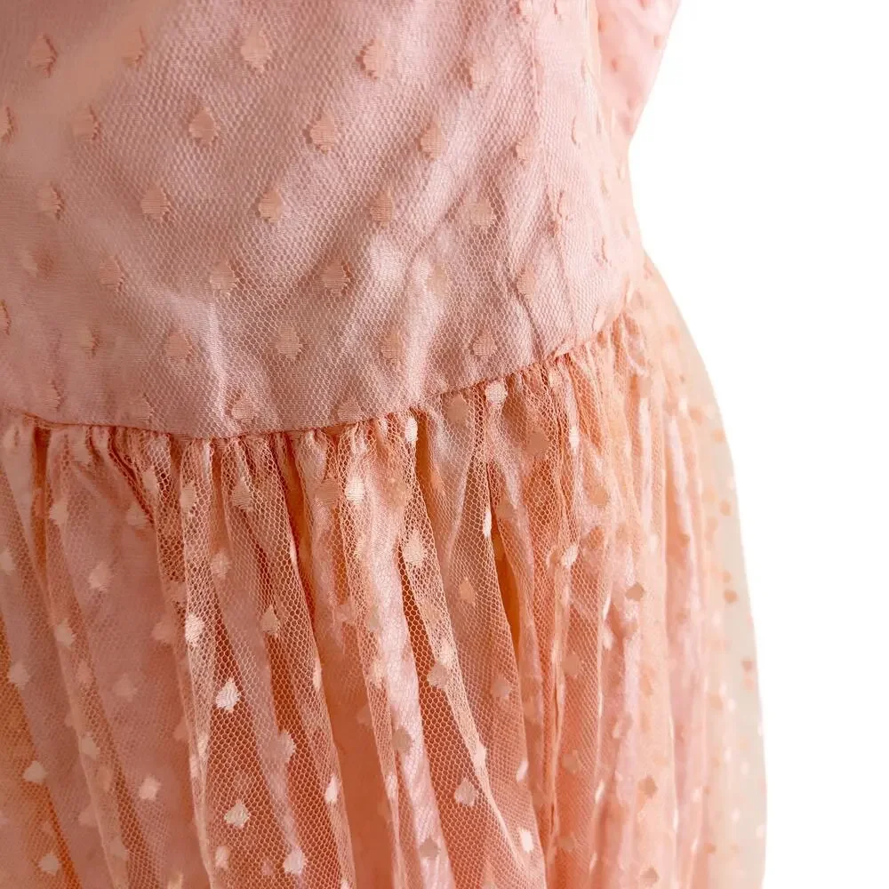 Vintage 80s Peach Tulle Swiss Dot Prom Dress Sz XS/S Short Sleeve Ruffle Accent